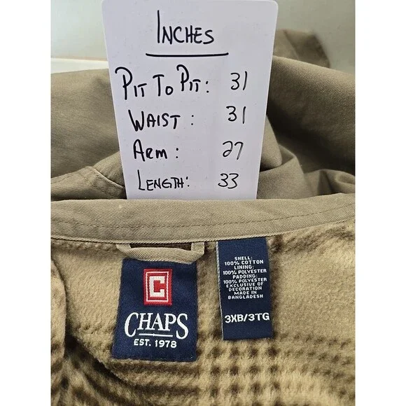 Chaps Ralph Lauren Canvas Chore Jacket Barn Coat Beige 3XT Plaid Flannel Lined